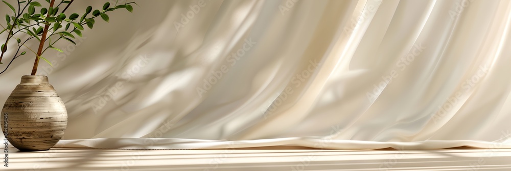 A white curtain hangs in front of a vase with a plant in it. The curtain is flowing and the vase is placed on a table. The scene is simple and peaceful A white curtain hangs in front of a vase with a plant in it. The curtain is flowing and the vase is placed on a table. The scene is simple and peaceful