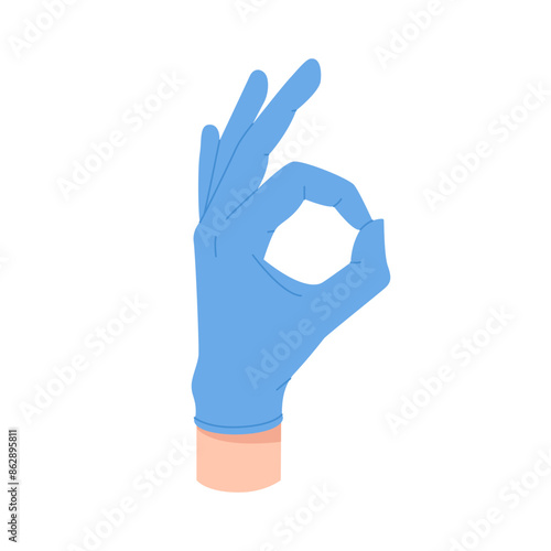 Hand of doctor in surgical blue glove showing okay, like gesture vector illustration
