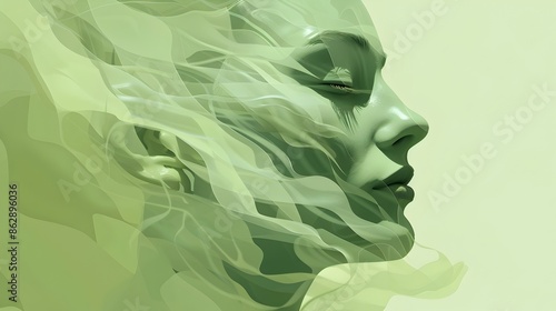 Surreal Green Digital Fractured Face Profile Abstract Conceptual Design © pkproject