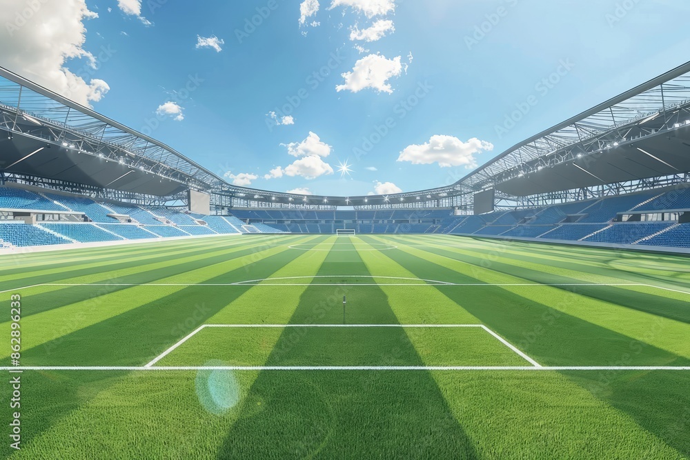 An empty soccer stadium with green field and blue sky An empty soccer stadium with green field and blue sky