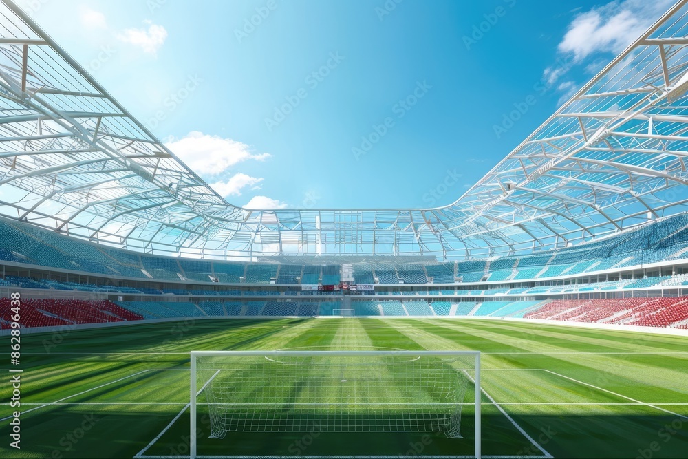Fototapeta premium An empty soccer stadium with green field and blue sky