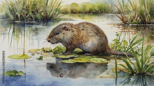 Watercolor painting:  A scene of wetland mammals, such as muskrats and nutrias, feeding on plants and grooming themselves by the water's edge, photo