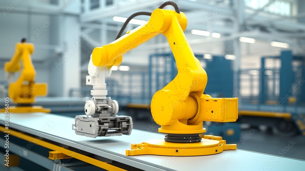 Yellow robotic arm operating in modern industrial factory or workshop Yellow robotic arm operating in modern industrial factory or workshop
