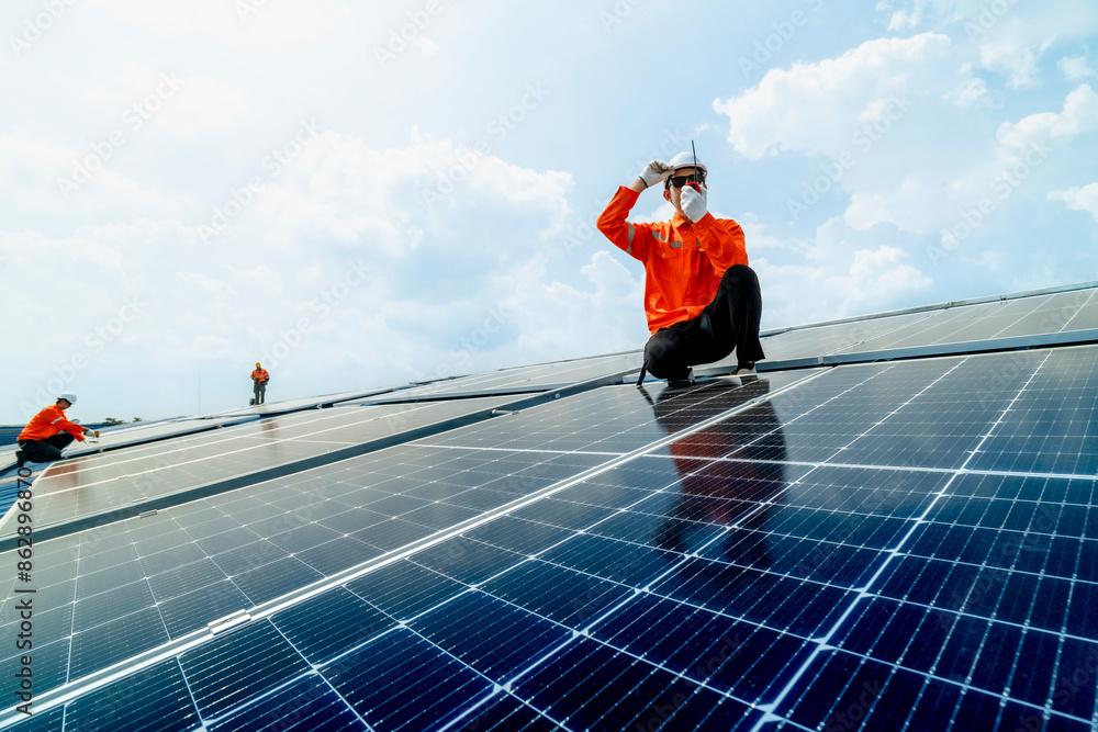 custom made wallpaper toronto digitalengineer man inspects construction of solar cell panel or photovoltaic cell by electronic device. Industrial Renewable energy of green power. factory worker working on tower roof.