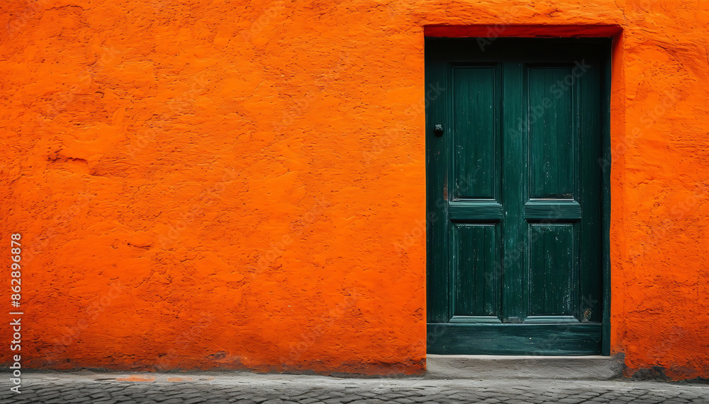 Fototapeta premium An orange textured wall, a dark green door positioned on the right, with empty space for text on the left