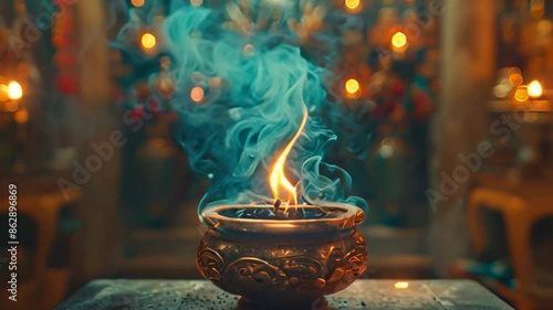 A close-up view of a burning incense stick in a brass container, with blue smoke rising in a temple setting.