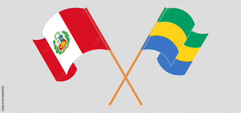 Crossed and waving flags of Peru and Gabon Crossed and waving flags of Peru and Gabon
