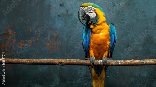 Portrait photography of Illiger's Macaw bird catch standing on wood stick , studio shot isolated on single color background ,editorial style, shoot by DSLR . photo