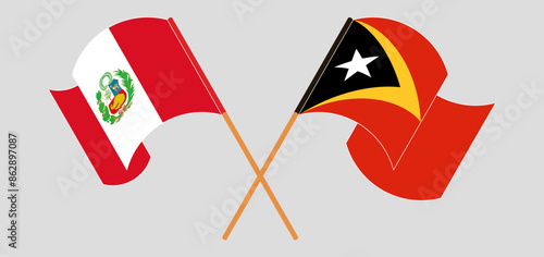 Crossed and waving flags of Peru and East Timor