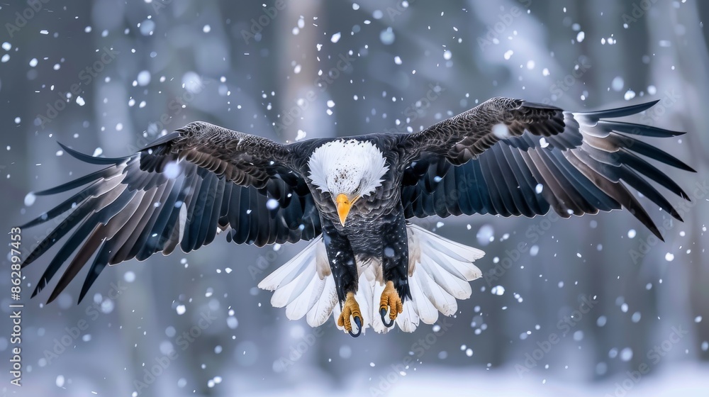 Fototapeta premium Bald Eagle in Flight Through Snowfall