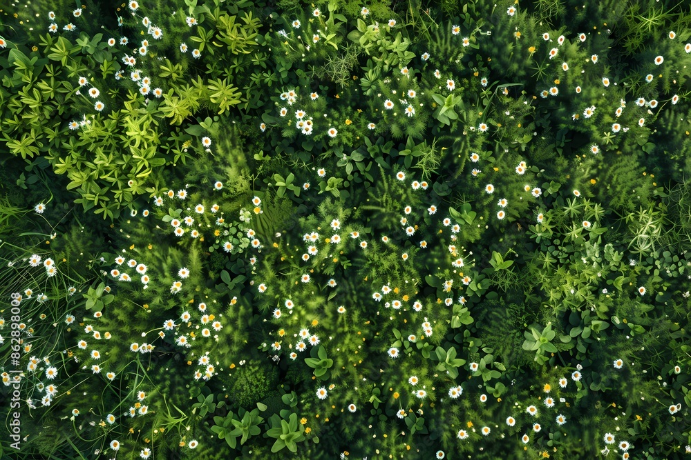 Aerial View of Small Daisies Growing on Grassland - High Definition Top-Down Perspective Photography Aerial View of Small Daisies Growing on Grassland - High Definition Top-Down Perspective Photography