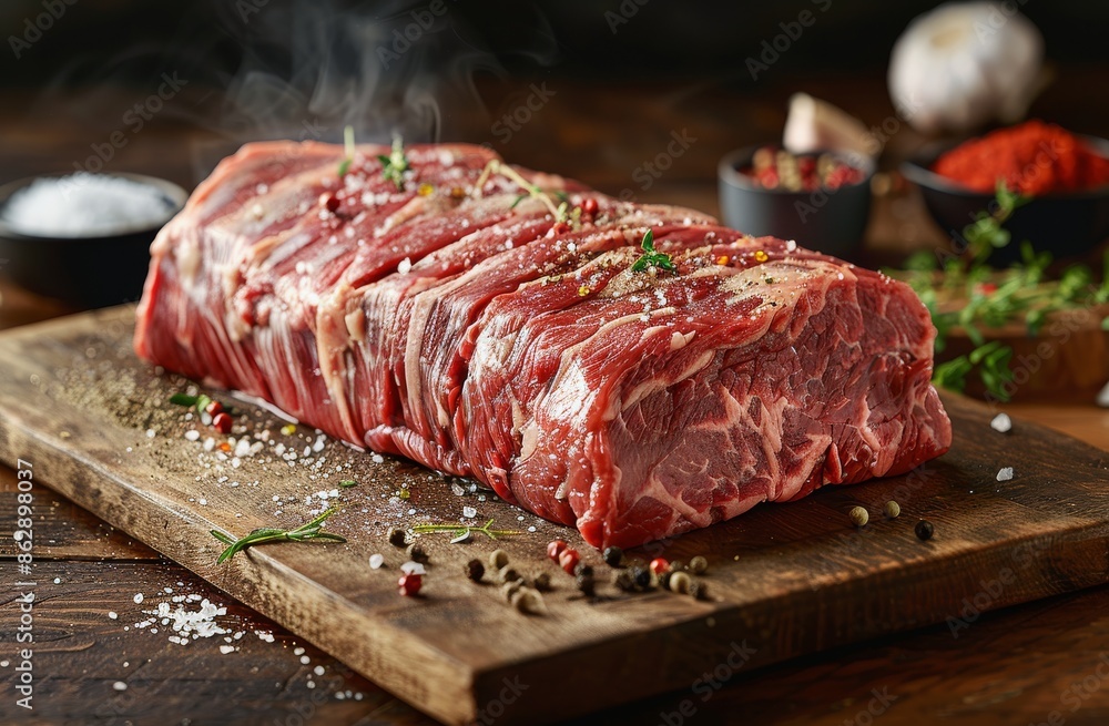 Raw Beef Roast With Salt and Pepper on Wooden Cutting Board Raw Beef Roast With Salt and Pepper on Wooden Cutting Board