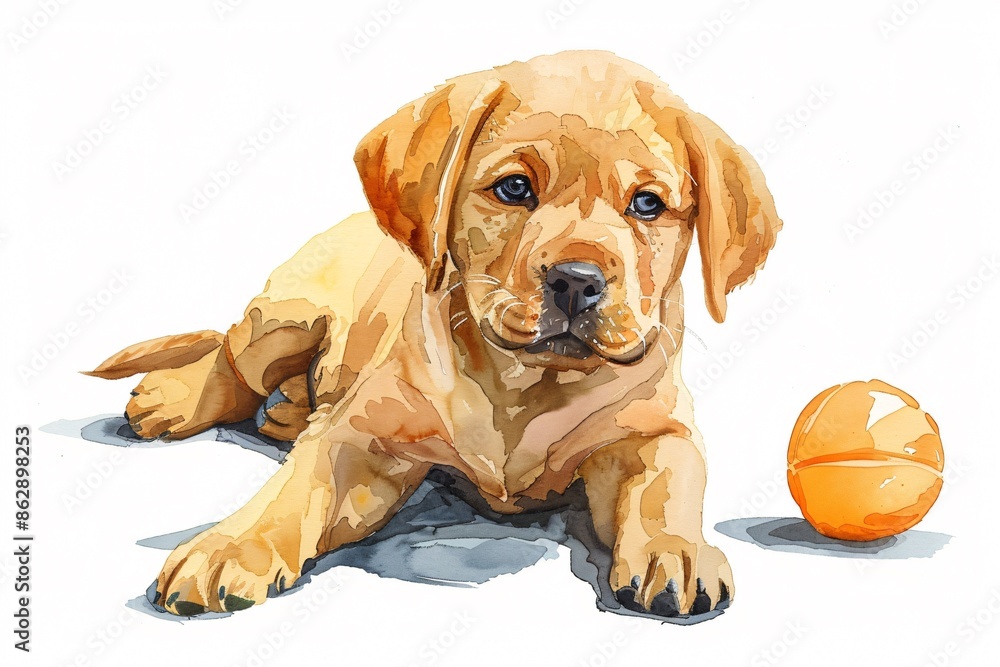 Obraz premium mootopping_Playful_puppy_with_a_ball_Watercolor_illustration__h_e945080c