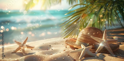 Beautiful shells and starfish on the sandy beach with water droplets, palm trees, and serene ocean view photo