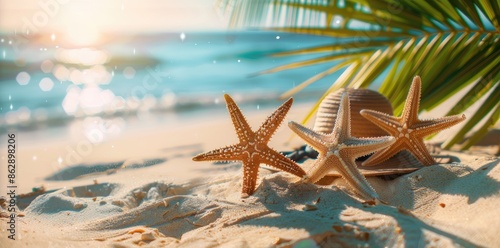 Fototapeta Naklejka Na Ścianę i Meble -  Beautiful shells and starfish on the sandy beach with water droplets, palm trees, and serene ocean view