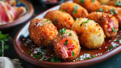Gourmet croquettes filled with Iberian ham a popular Spanish tapa with selective focus © TheWaterMeloonProjec