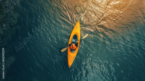 Kayaking on a River with a Yellow Kayak © sadewotito