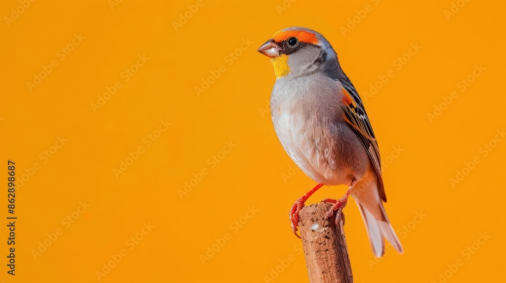 Portrait photography of Zebra Finch bird catch standing on wood stick , studio shot isolated on single color background ,editorial style, shoot by DSLR . Portrait photography of Zebra Finch bird catch standing on wood stick , studio shot isolated on single color background ,editorial style, shoot by DSLR .