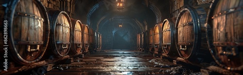 Rows of Vintage Wine Barrels in a Dark, Stone Cellar