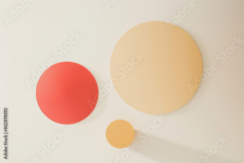 Clean lines and contrasting colors: minimalist art balanced by circles with red and yellow accents on a white background