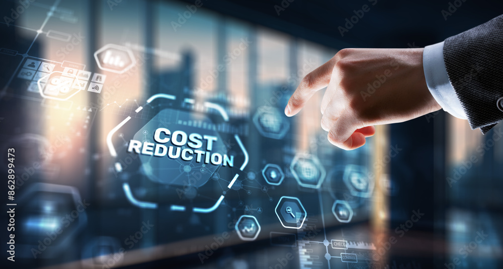 Cost reduction business finance concept. Businessman clicks virtual screen Cost reduction business finance concept. Businessman clicks virtual screen
