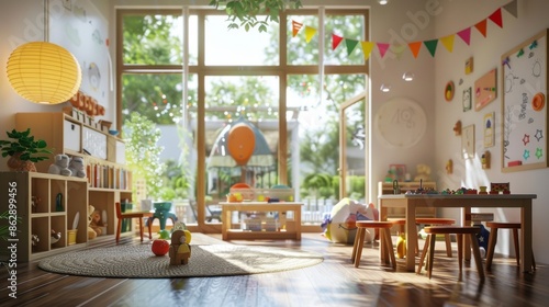 Bright and colorful daycare classroom with large windows, wooden furniture, educational toys, and decorations creating a cheerful learning environment.