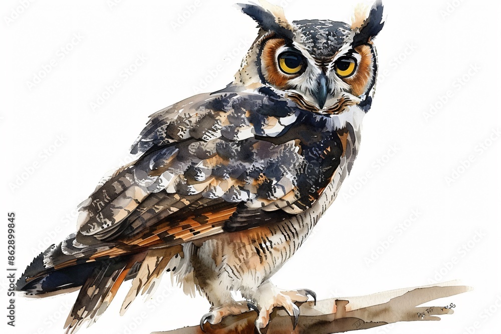 Naklejka premium Sweet baby owl perched on a branch Watercolor illustration