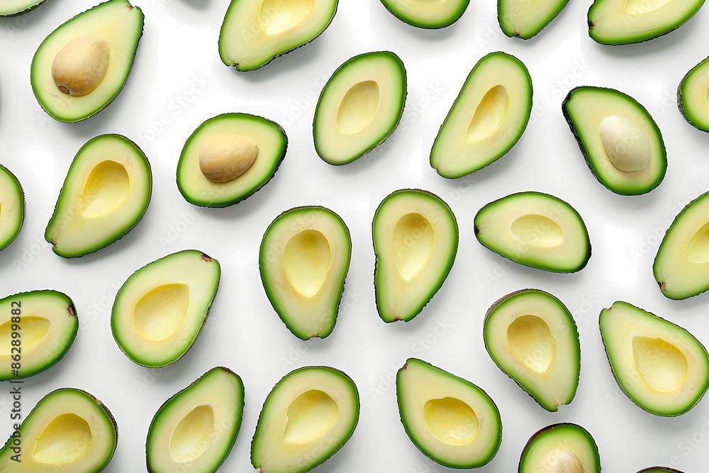 Top View of Fresh Avocado Slices Arranged in a Pattern on a White Background - Healthy and Organic Fruit Display Top View of Fresh Avocado Slices Arranged in a Pattern on a White Background - Healthy and Organic Fruit Display