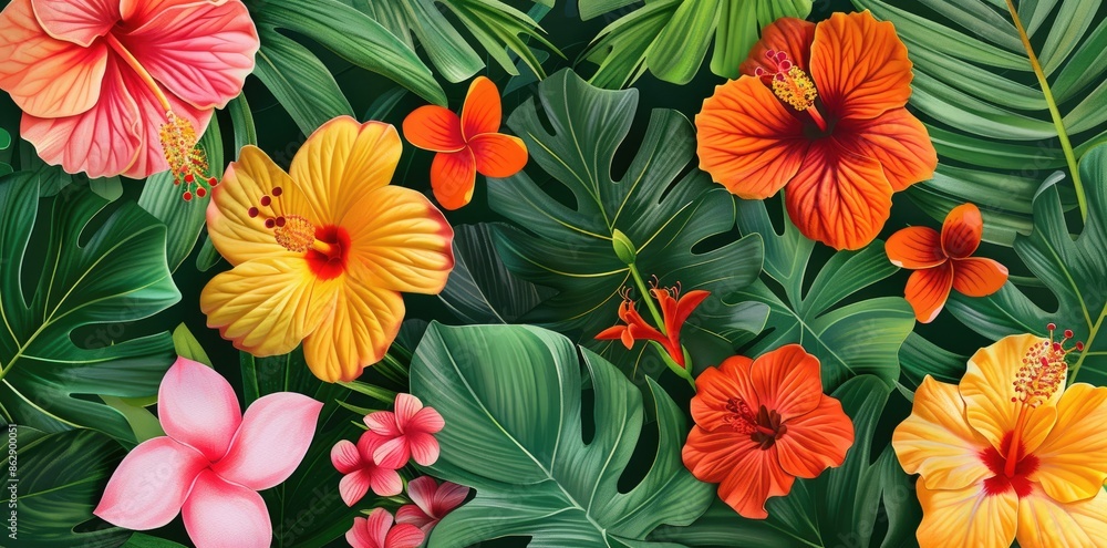 Exotic 3D wallpaper adorned with tropical floral motifs in vibrant hues of tangerine and jade 3D High Decoration Background Wallpaper Exotic 3D wallpaper adorned with tropical floral motifs in vibrant hues of tangerine and jade 3D High Decoration Background Wallpaper