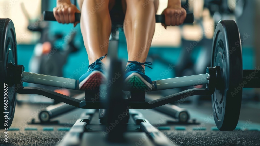 Low Angle View of a Person Exercising on a Rowing Machine Low Angle View of a Person Exercising on a Rowing Machine