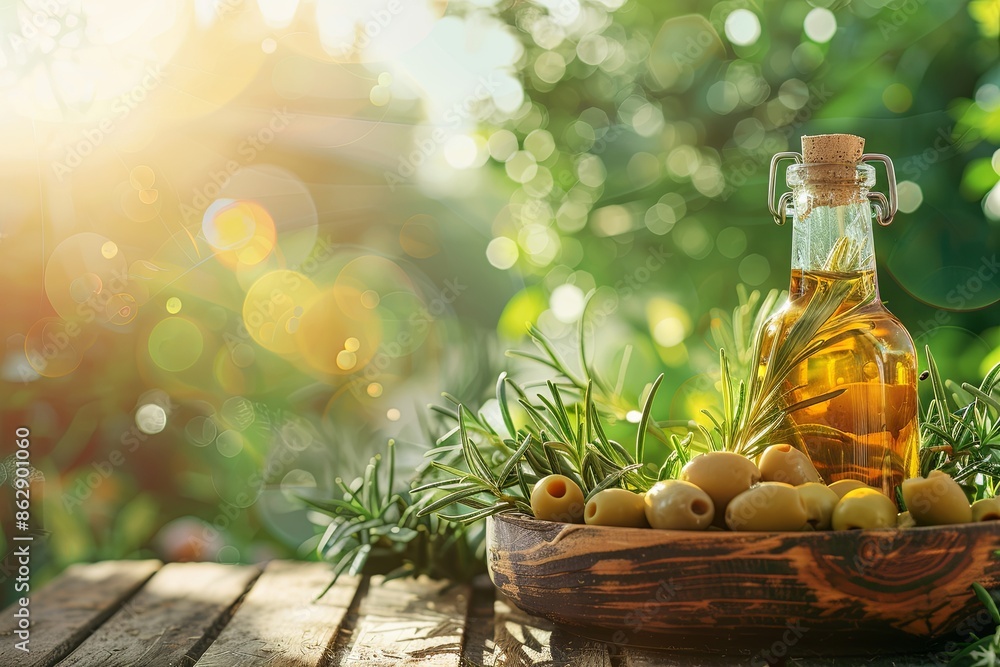 Olive oil in glass bottles, green olives in a wooden bowl, old wooden table in the garden, warm sunlight, beautiful bokeh background Olive oil in glass bottles, green olives in a wooden bowl, old wooden table in the garden, warm sunlight, beautiful bokeh background