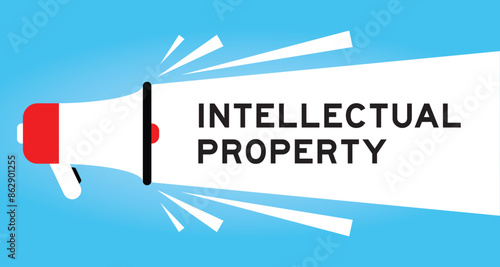 Color megaphone icon with word intellectual property in white banner on blue background