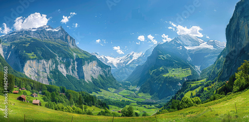 A panoramic view of the Lauterbrunnen Valley in Switzerland, showcasing towering cliffs and lush greenery with snow-capped mountains in the background.