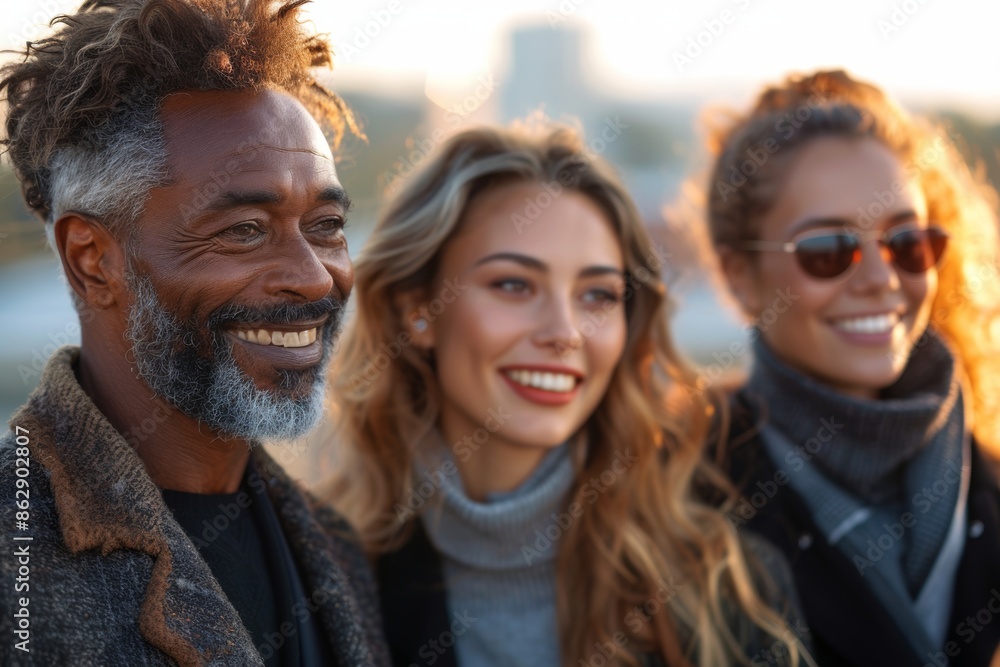 Group of diverse friends enjoying a sunset together, portraying warmth and happiness, ideal for social and lifestyle use.
Group of diverse friends enjoying a sunset together, portraying warmth and happiness, ideal for social and lifestyle use.