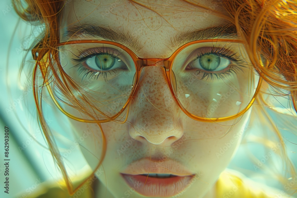 A striking portrait of a redhead woman with vibrant orange glasses, showcasing ethereal beauty.
A striking portrait of a redhead woman with vibrant orange glasses, showcasing ethereal beauty.