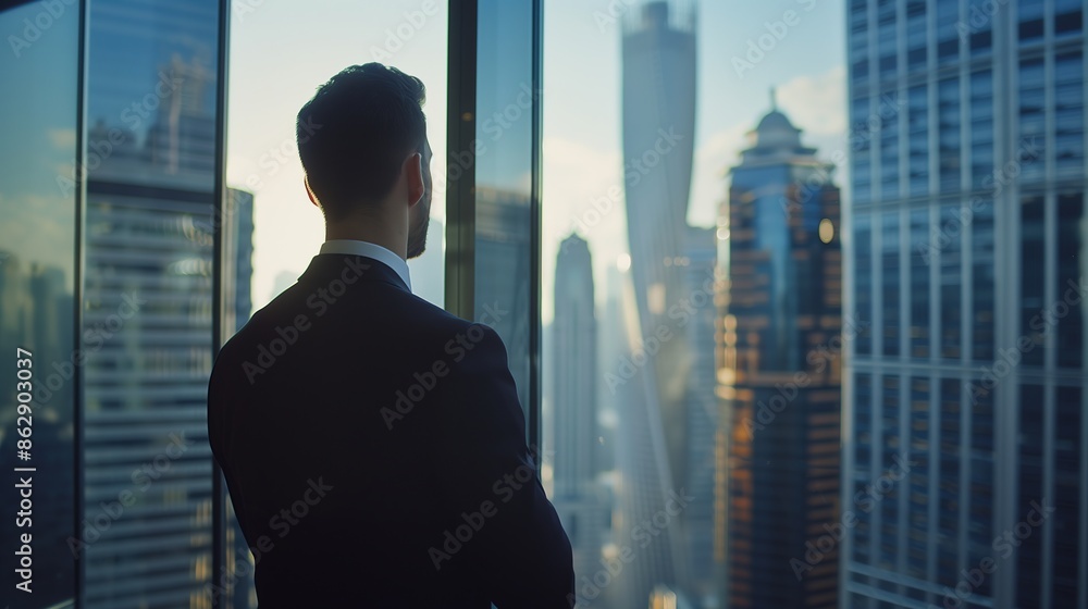 Fototapeta premium Businessman Contemplating Cityscape from High-rise Office, Symbolizing Corporate Vision and Leadership 