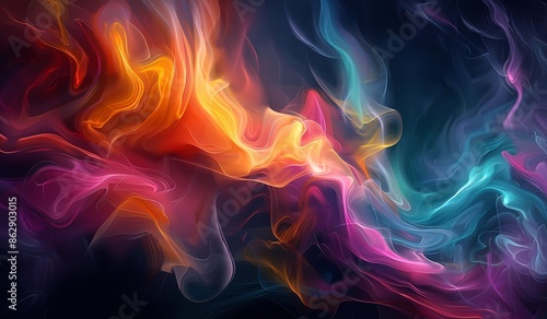Vibrant Abstract Digital Artwork with Dynamic Explosion of Colors and Fluid Shapes Against Dark Background - Energetic and Fiery Composition