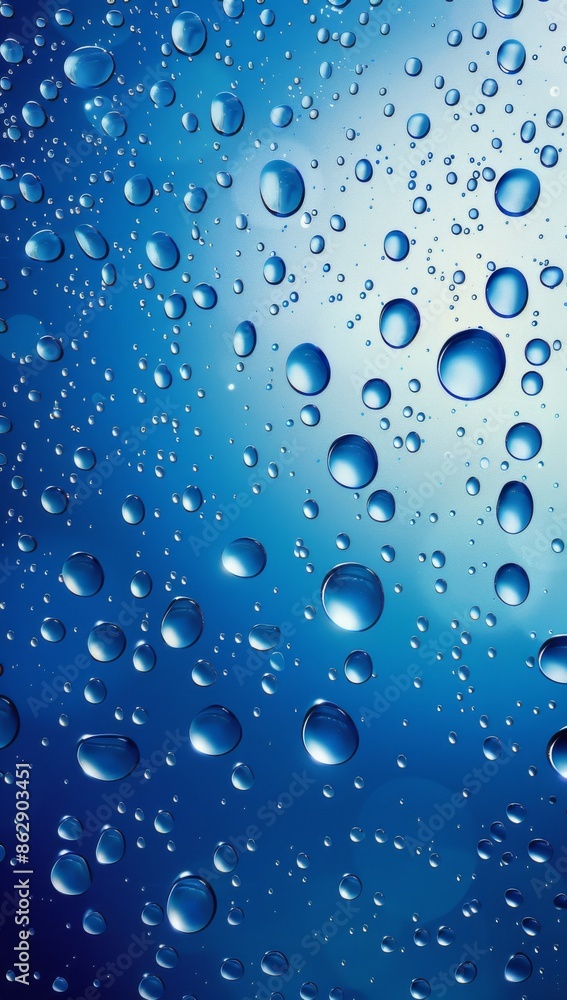 Close-up of water droplets on a blue background creating a fresh and calm atmosphere Close-up of water droplets on a blue background creating a fresh and calm atmosphere