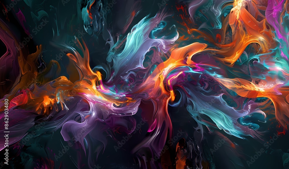 Vibrant Abstract Digital Artwork with Dynamic Explosion of Colors and Fluid Shapes Against Dark Background - Energetic and Fiery Composition Vibrant Abstract Digital Artwork with Dynamic Explosion of Colors and Fluid Shapes Against Dark Background - Energetic and Fiery Composition