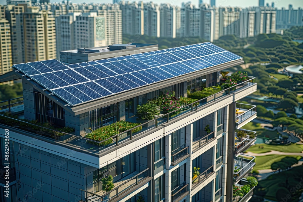 Fototapeta premium Solar panels on the roof of a sleek, modern apartment building