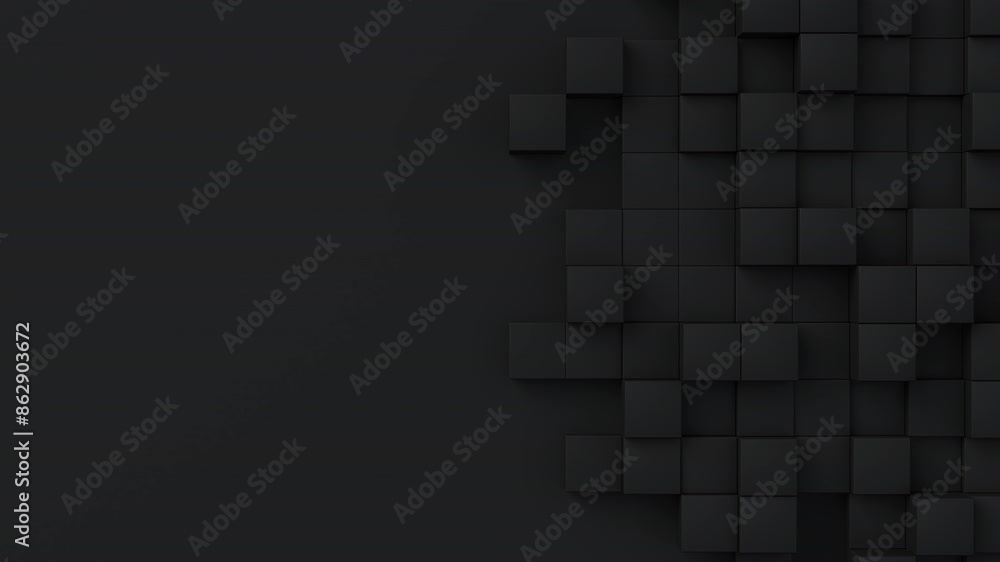 Black cubes with random size move and grow loop. A place for text on the left. Abstract 3d render geometrical concept background Black cubes with random size move and grow loop. A place for text on the left. Abstract 3d render geometrical concept background