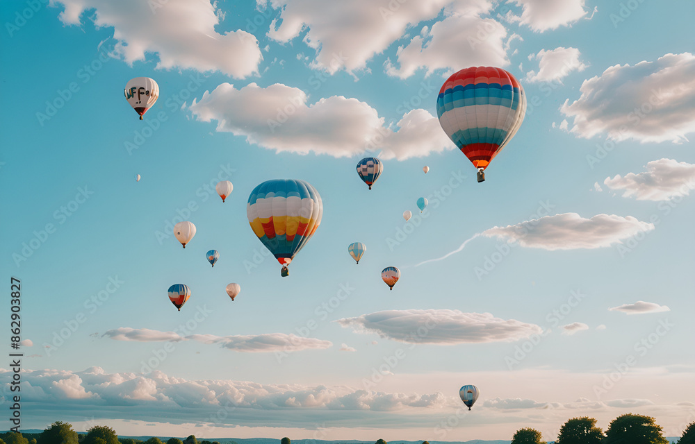 Fototapeta premium Colorful clouds, light white and light blue hot air balloons, romantic scenes