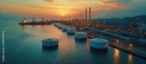 Industrial Sunset Over Oil Refinery and Harbor