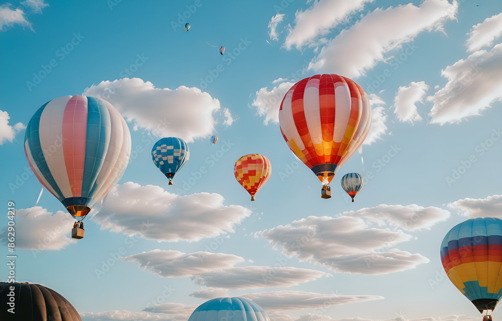 Fototapeta premium Colorful clouds, light white and light blue hot air balloons, romantic scenes