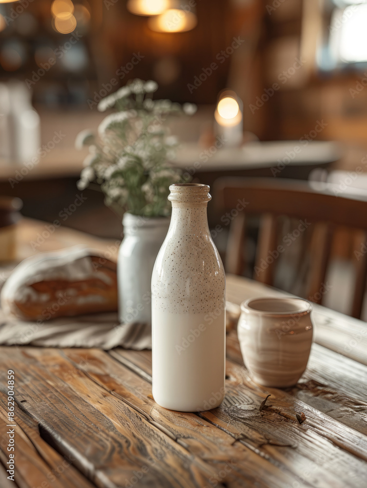 A milk bottle on a rustic farmhouse kitchen table with bread and a mug. A milk bottle on a rustic farmhouse kitchen table with bread and a mug.