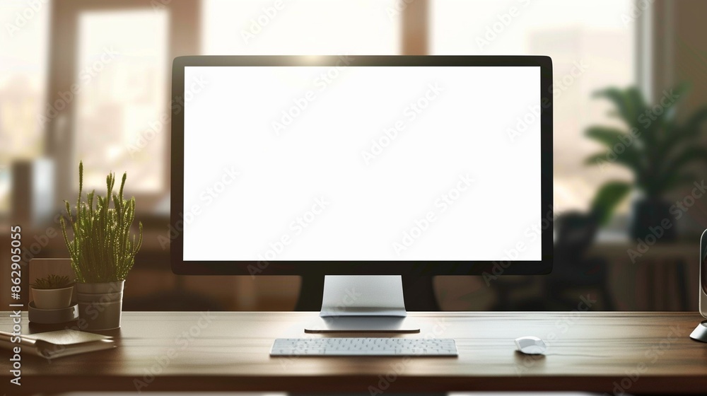 Modern workspace with a large blank computer screen on a wooden desk, surrounded by plants and office supplies, bathed in soft natural light through large windows in the background, copy space Modern workspace with a large blank computer screen on a wooden desk, surrounded by plants and office supplies, bathed in soft natural light through large windows in the background, copy space