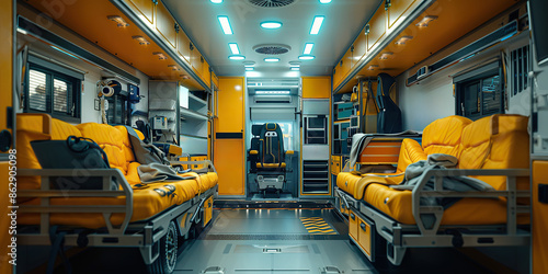 Interior view of an ambulance with a yellow stretcher and medical supplies photo