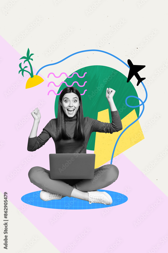 Obraz premium Collage artwork image of cheerful young woman speaking phone reserving hotel isolated on painted background