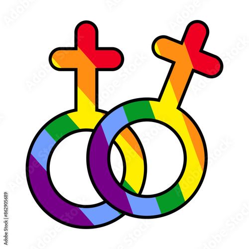 Female symbols combination. Lesbian community symbol in rainbow colors. LGBT pride icon. LGBT sticker.