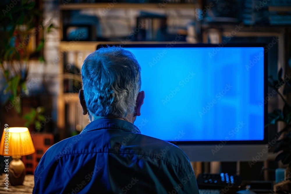 Device screen seen from a shoulder of a senior citizen man in front of a computer with a completely blue screen Device screen seen from a shoulder of a senior citizen man in front of a computer with a completely blue screen